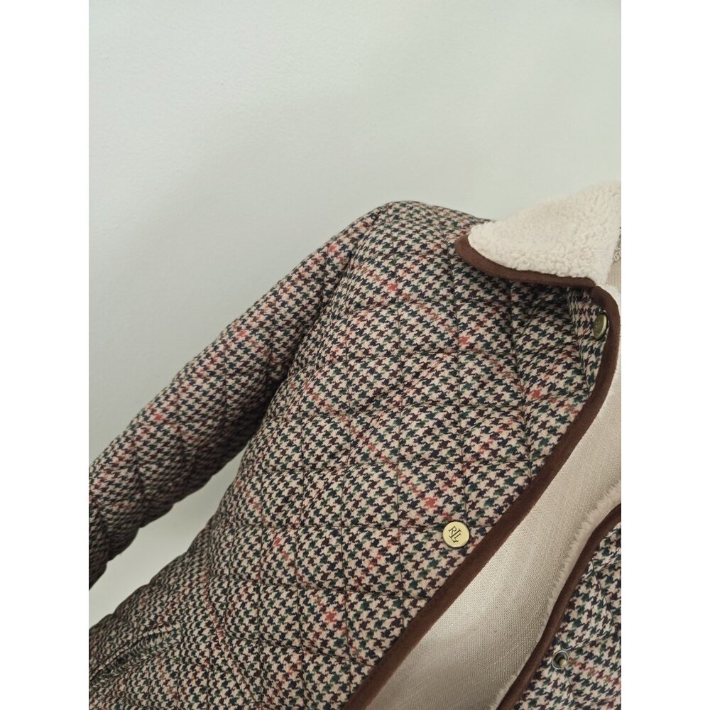 Lauren Ralph Lauren Houndstooth Quilted Jacket S Brown Green Faux Sherpa Collar - Picture 13 of 14